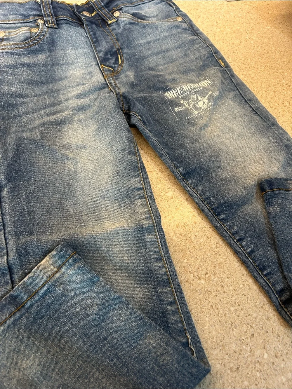 True Religion Boys Distressed Medium Wash Straight Leg Jeans Graphic Leg Logo